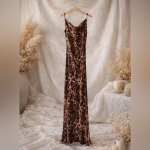 Evolutionary Leopard Print Cowl Neck Satin Dress